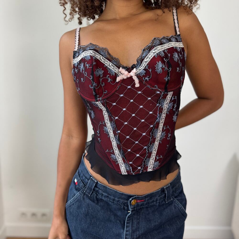 Vintage Italian Embroidered Mesh Bustier Camisole (S/M)